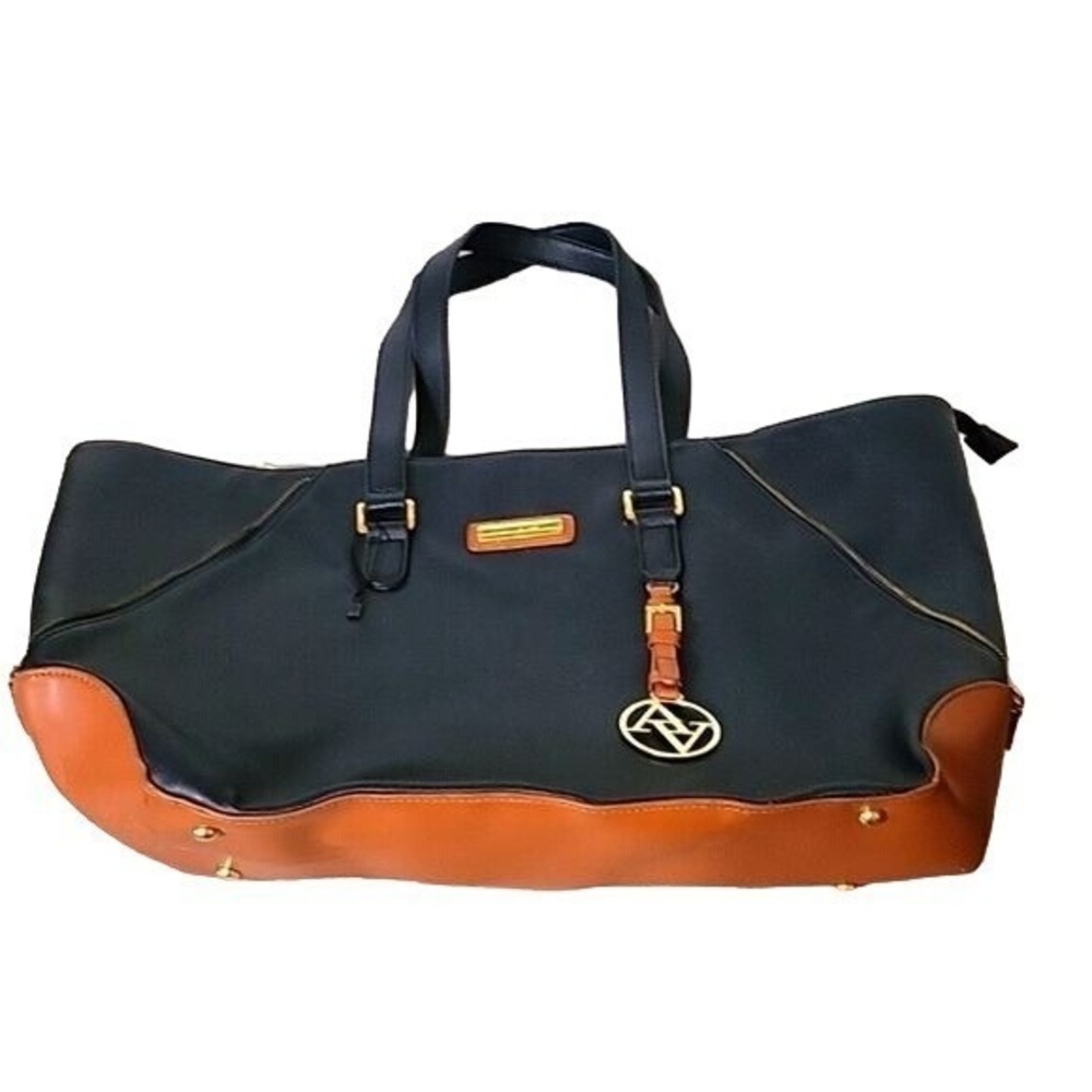 Adrienne Vittadini Navy Blue Cognac Brown Saffiano Faux Leather Tote Bag Large